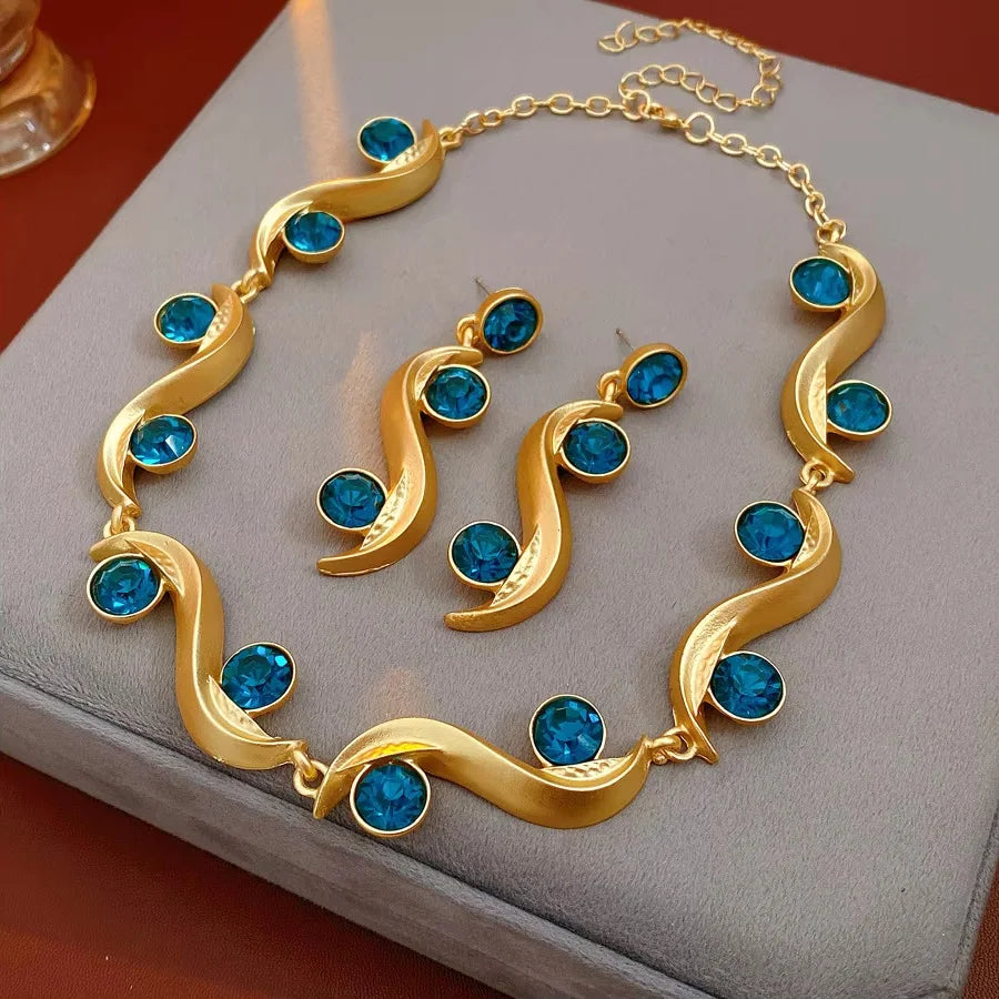 1/2 pièces Unique vague ronde longues boucles d'oreilles bleu strass chaîne réglable collier bohème femmes mode bijoux ensemble vacances N