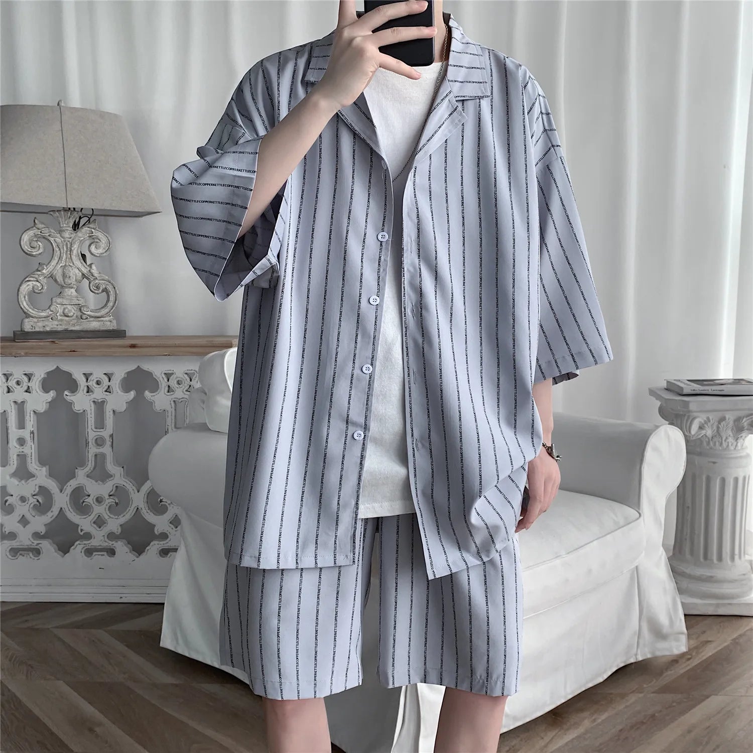 Ensemble de shorts assortis pour hommes, chemises à lettres rayées, tenues à imprimé floral, manches courtes, taille élastique, mince, surdimensionné, été