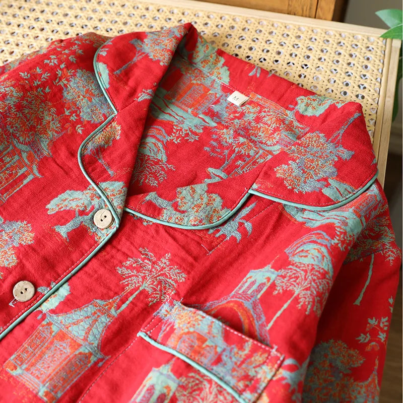 Ensemble pyjama en coton Jacquard pour femmes, couleur rétro, vêtements de maison tissés, manches longues, printemps et automne