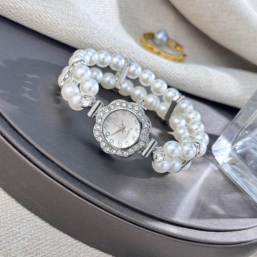 Montre a perle diamant incrusté bande élastique montre Vintage luxe Bracelet Style pratique pour dames montre-Bracelet à Quartz
