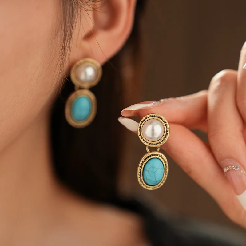 Boucles d'oreilles ovales en Imitation de perles, Design Vintage, collier ras du cou, tempérament français élégant, ensemble de bijoux en dentelle torsadée, cadeau de Banquet