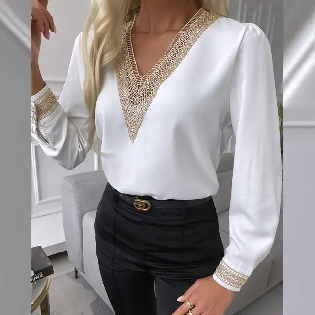 Chemise élégante en dentelle pour femmes, col en v, mode automne décontractée, bureau, pull blanc, manches longues, chemise ample pour dames