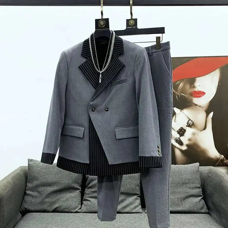 Ensemble élégant Blazer Design à la mode hommes costumes rayure Patchwork col vestes pantalon ensemble élégant haute qualité vêtements
