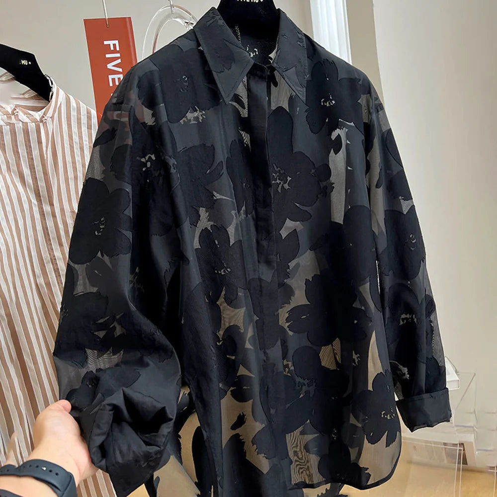 Chemise à manches longues pour hommes, coupe florale,transparent dentelle  ajourée, décontractée, hawaïenne, Streetwear, 2026