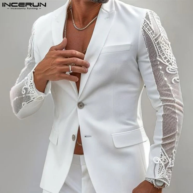 Mode Style décontracté hauts INCERUN nouveaux hommes Perspective dentelle épissage conception costume manteaux mâle solide à manches longues Blazer S-5XL 2024