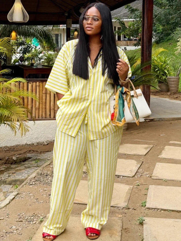 Ensemble costume deux pièces pour femmes, mode décontractée, rayé, manches courtes, ample, haute blouse + pantalon Long