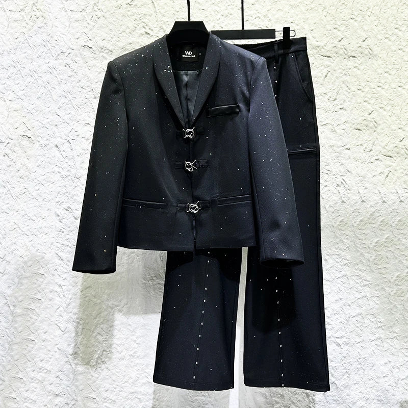 Ensemble de costume pour hommes, veste de costume personnalisée avec boucle en métal, tendance, ample, rivets, pantalon à jambes droites