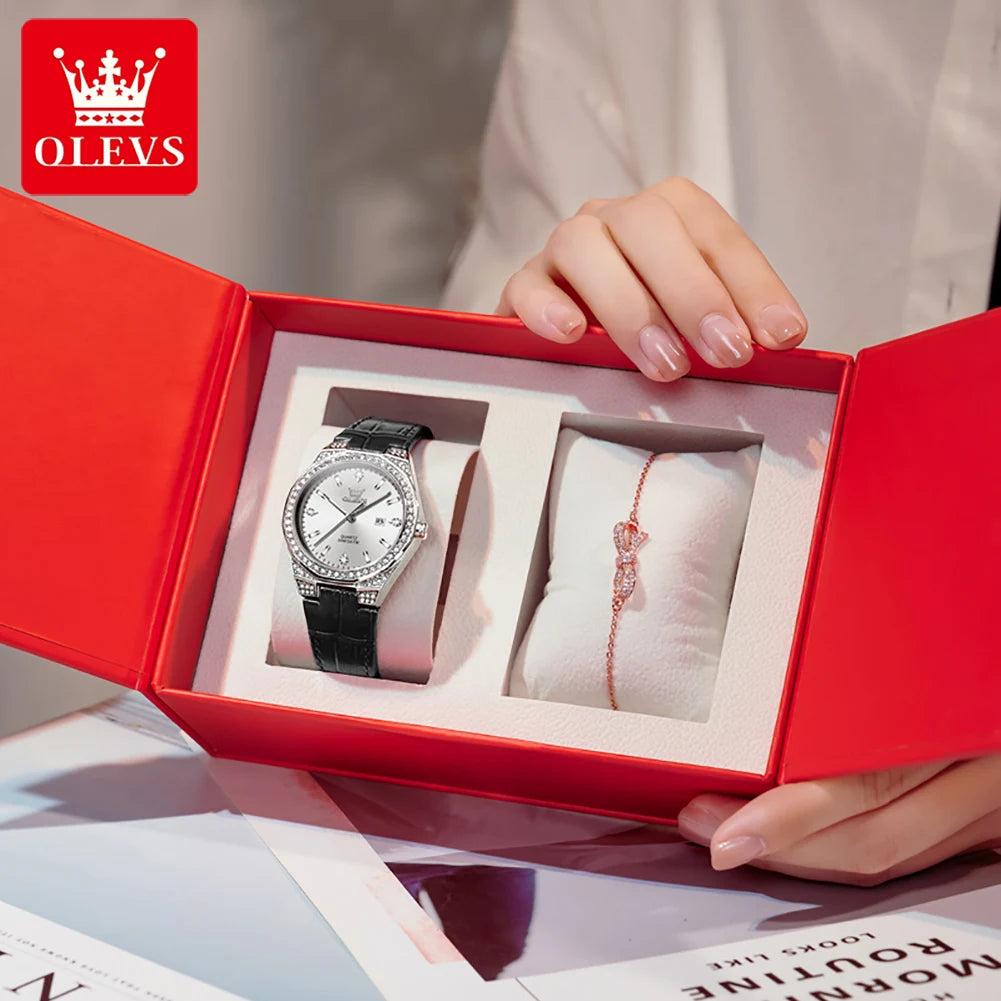 OLEVS Original femmes montres diamant tour mode bracelet en cuir 3m étanche lumineux dames montre-bracelet montre à Quartz pour les femmes
