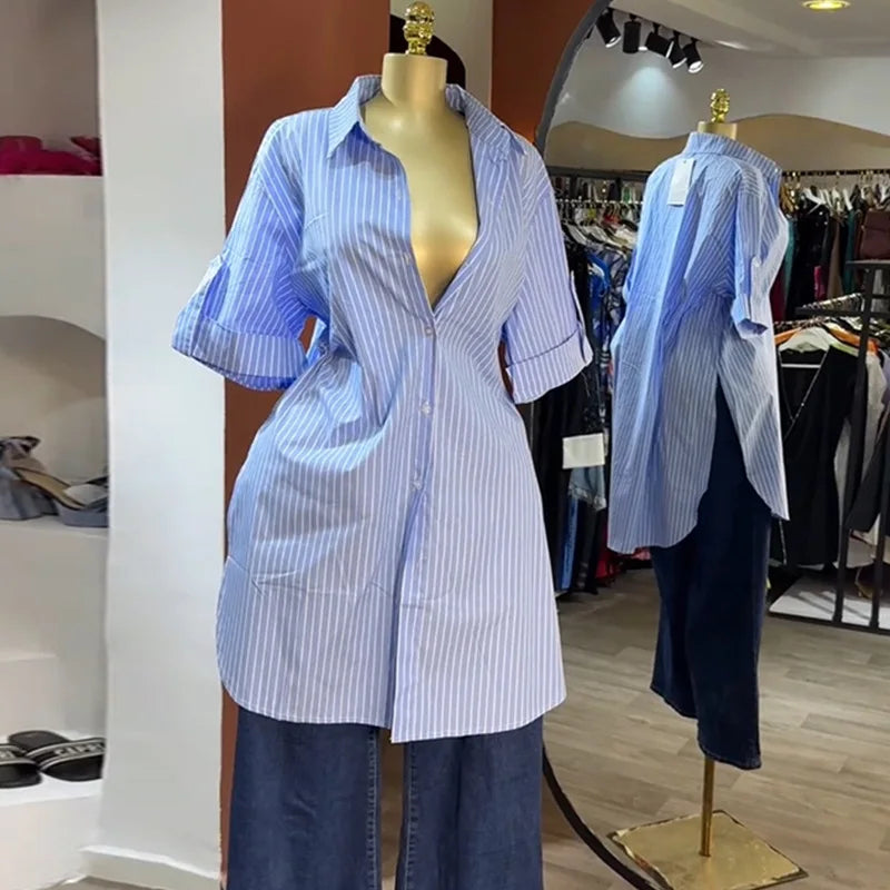 Blouse chemise  automne femmes demi manches simple boutonnage rayé imprimé