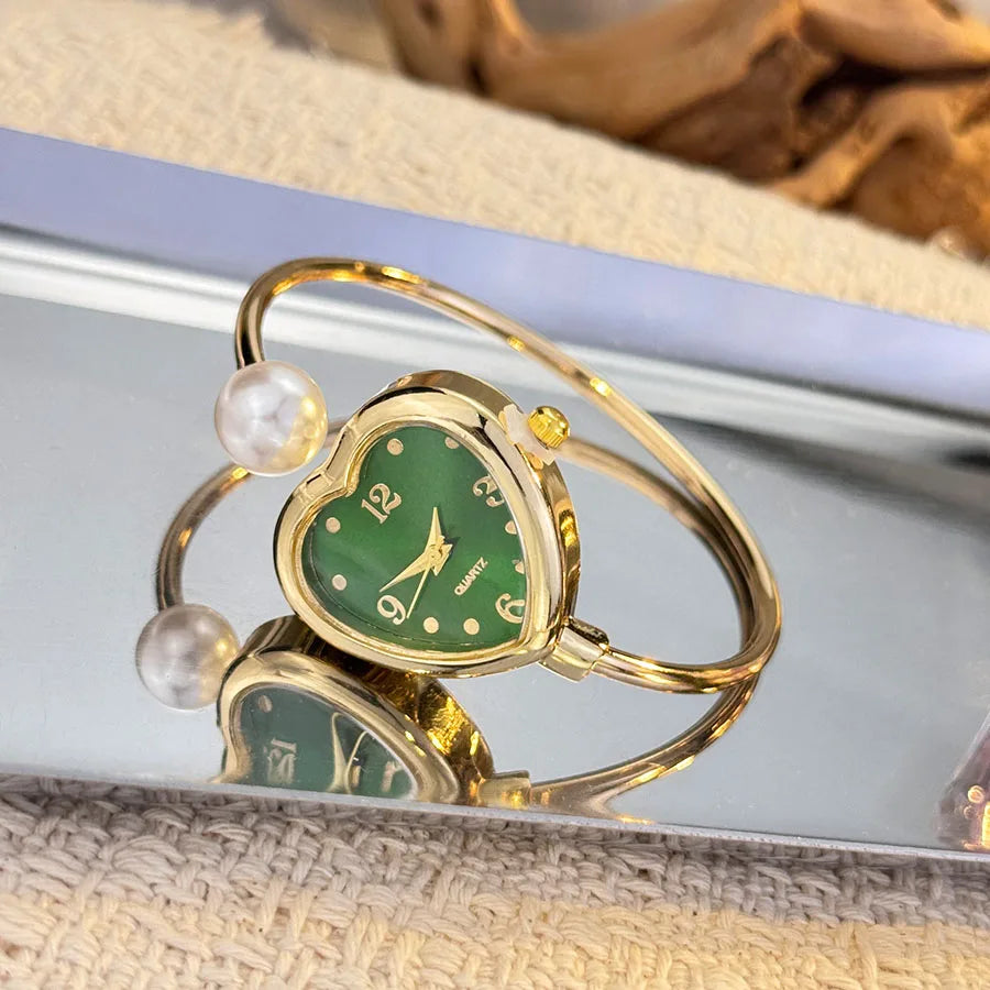 Montre Style Bracelet conception ouverte perle amour montre à Quartz, forme de coeur délicate, montre pour femme Portable nouveau style