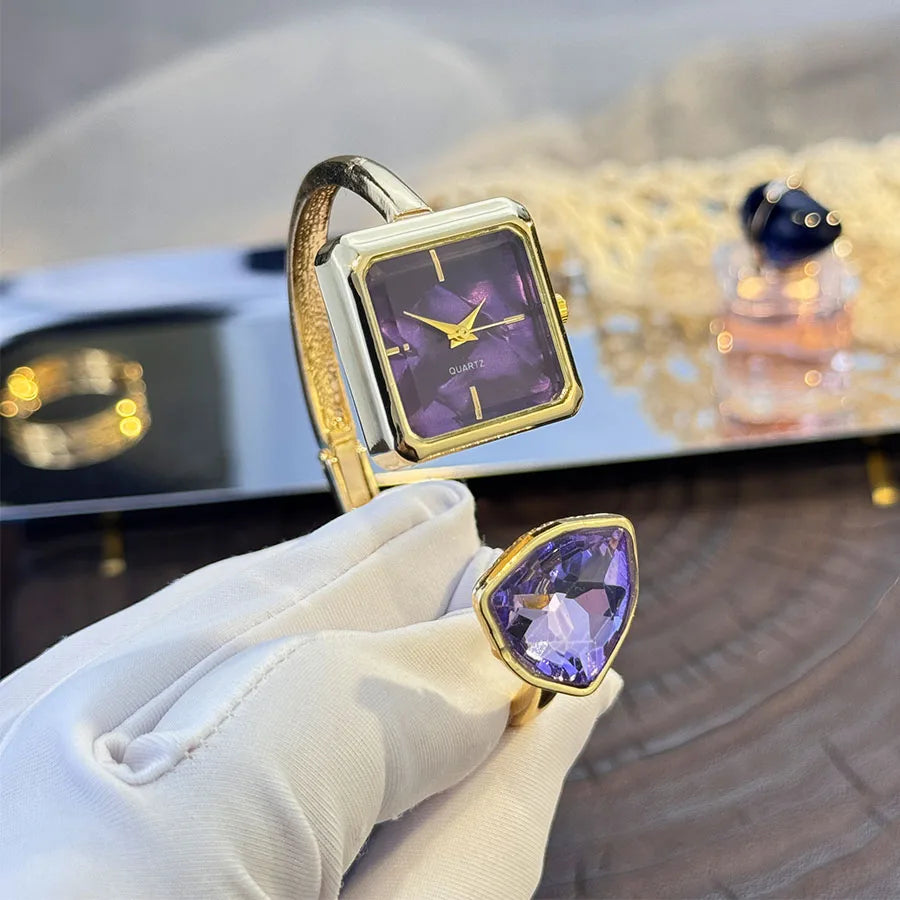 Nouvelle montre-Bracelet ouvert pour femme, forme assortie, couleur diamant, pierres précieuses, montre-Bracelet à Quartz haut de gamme, montre élégante pour paresseux