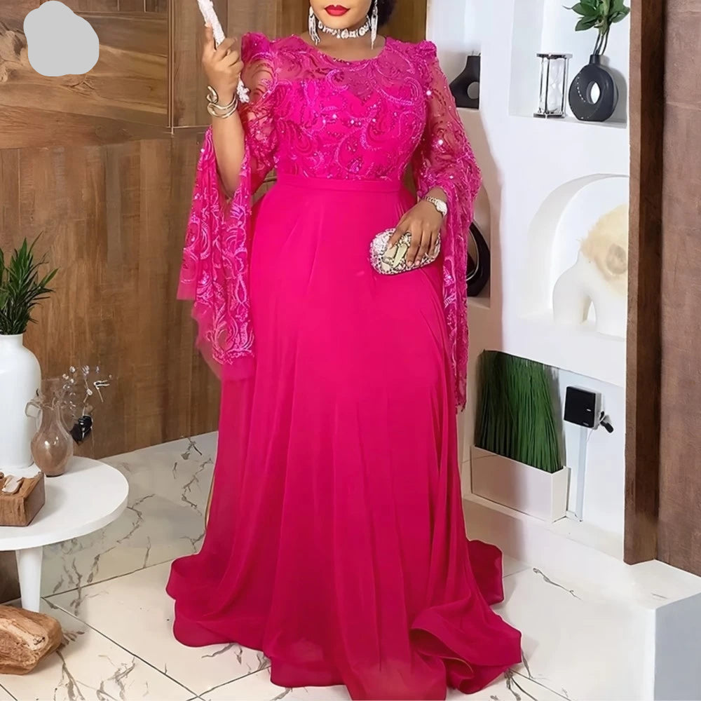 Robe longue en dentelle pour femmes africaines, grande taille, manches longues cloche, robe brodée à paillettes de luxe pour mariages, gala