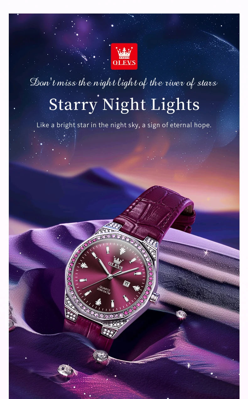 OLEVS Original femmes montres diamant tour mode bracelet en cuir 3m étanche lumineux dames montre-bracelet montre à Quartz pour les femmes