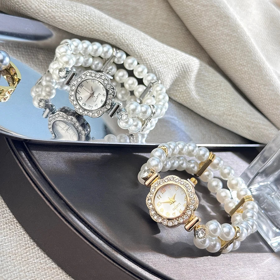 Montre a perle diamant incrusté bande élastique montre Vintage luxe Bracelet Style pratique pour dames montre-Bracelet à Quartz