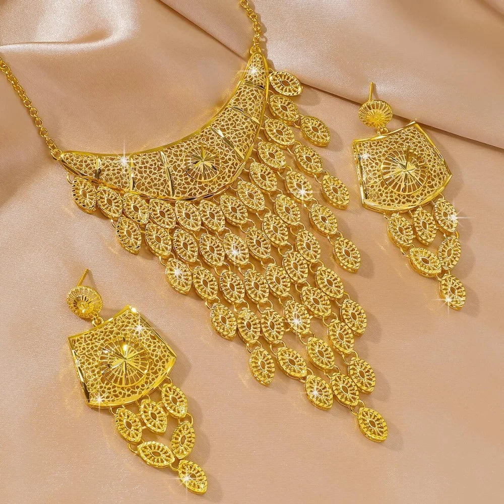 Luxe 24K 9999 or pur or véritable dubaï mariage danse Performance artistique rétro ovale gland collier boucles d'oreilles costume