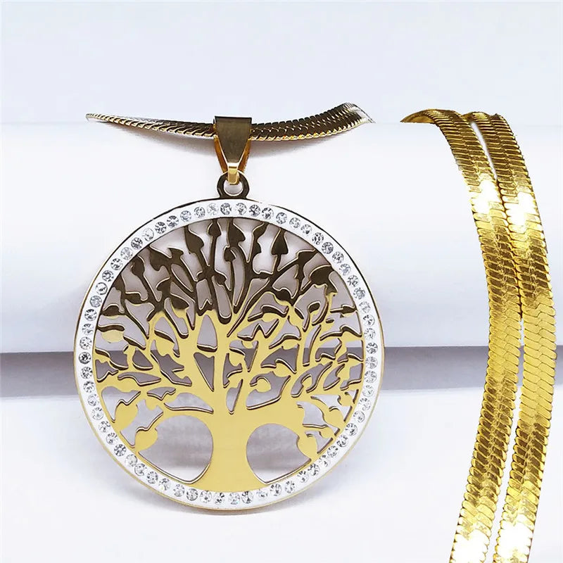 Collier ras du cou en acier inoxydable pour femme, bijoux en cristal, arbre de vie, document doré, colliers JOPresidence, N16S02