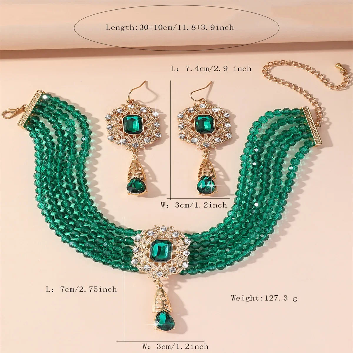 Collier multicouche Vintage en cristal vert rouge bleu noir, boucles d'oreilles géométriques en alliage creux pour femmes, ensembles de bijoux de Banquet de mariage