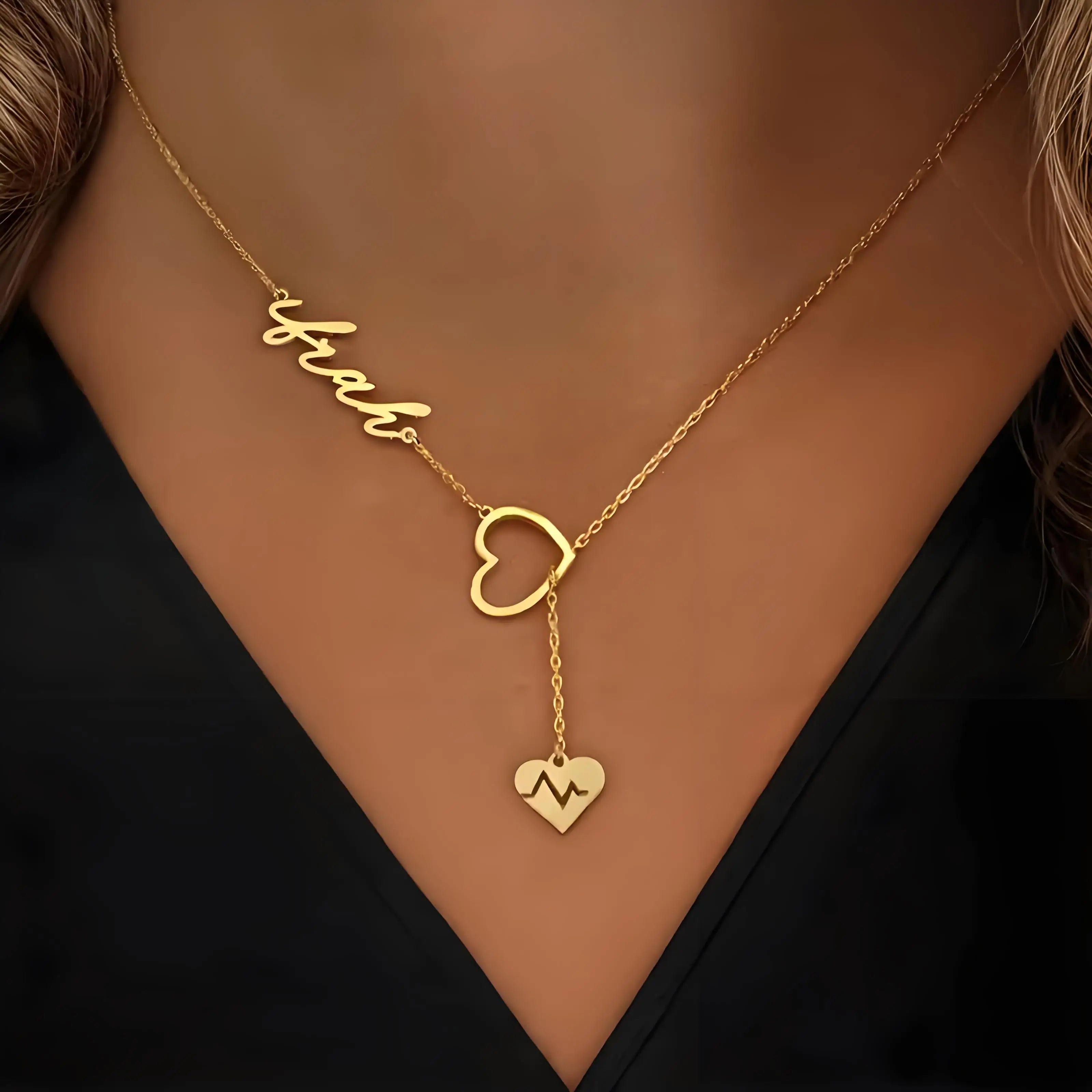 Collier personnalisé avec nom de battement de coeur de couple, bijoux personnalisés en chaîne en forme de Y, cadeau idéal pour la Saint-Valentin
