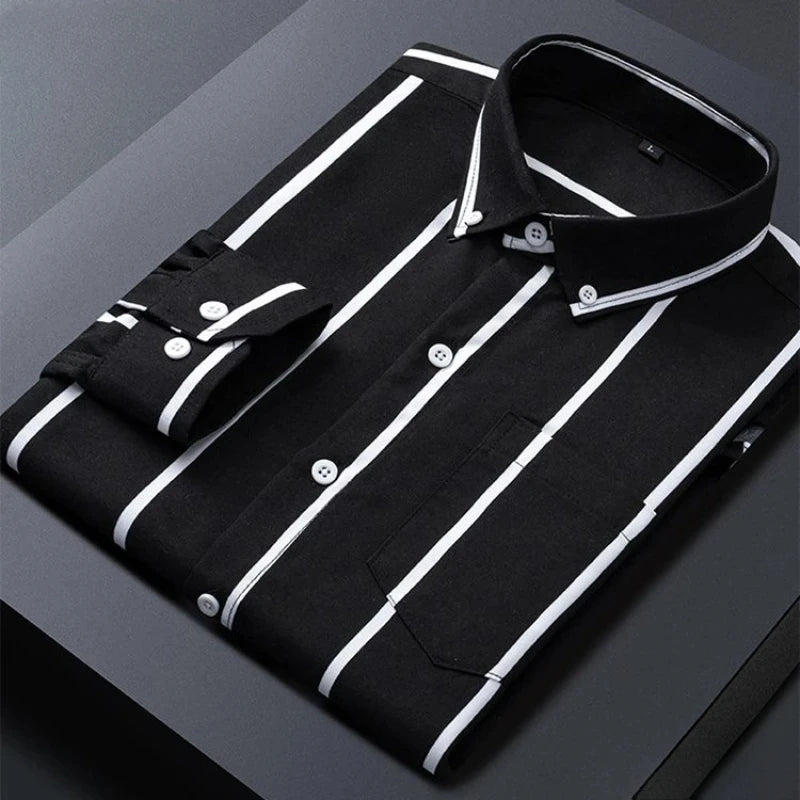 Chemise habillée classique à rayures pour hommes, chemises d'affaires à manches longues, coupe cintrée, grande taille M-5XL