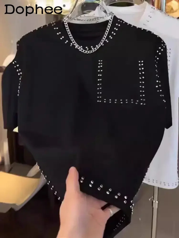 T-shirt tendance de luxe à manches courtes pour hommes, mode d'été,  rivets, col rond, décontracté