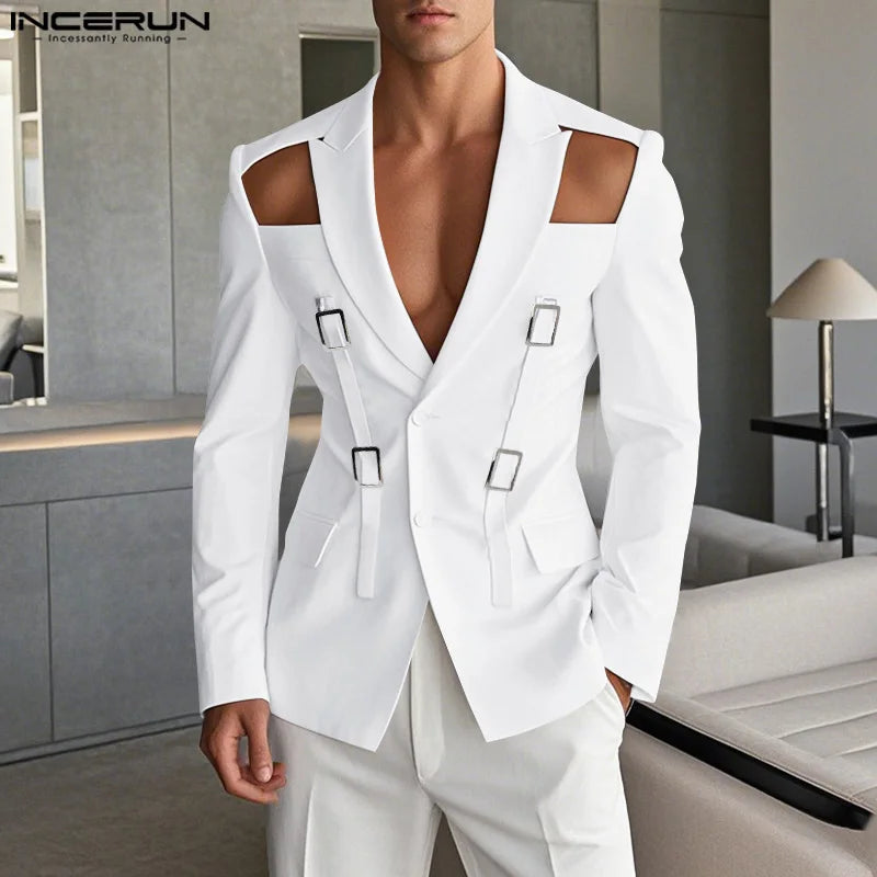 Blazers à lacets monochromes à manches longues pour hommes, conception de bouton creux, streetwear décontracté, mode de style américain, Y-2025