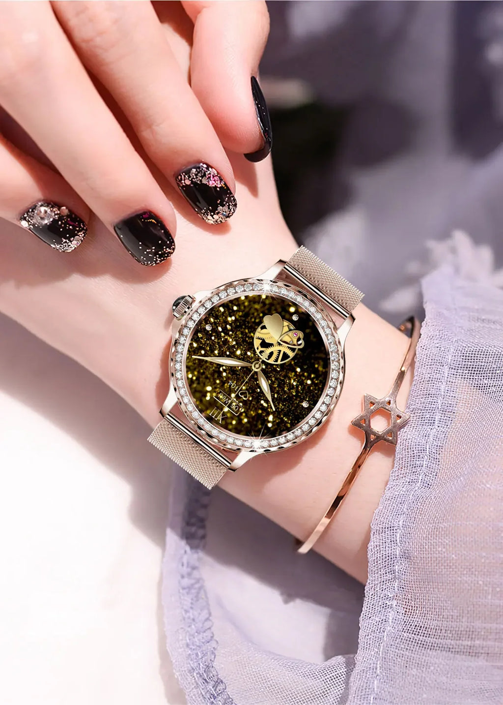 Montre intelligente diamant femme bracelet en métal 1.3 pouces écran HD appels Bluetooth moniteur de santé décoration de mode montre-bracelet