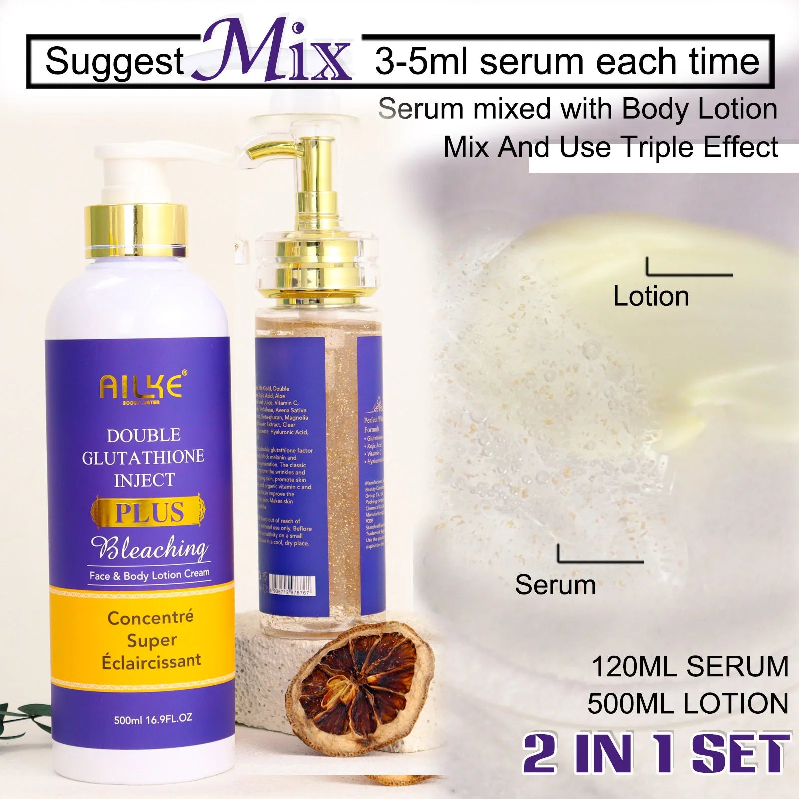 AILKE Ensemble de blanchiment double glutathion pour tous les types de peau, réduit les taches foncées, la mélanine, les taches de rousseur, le cloasma, même le teint