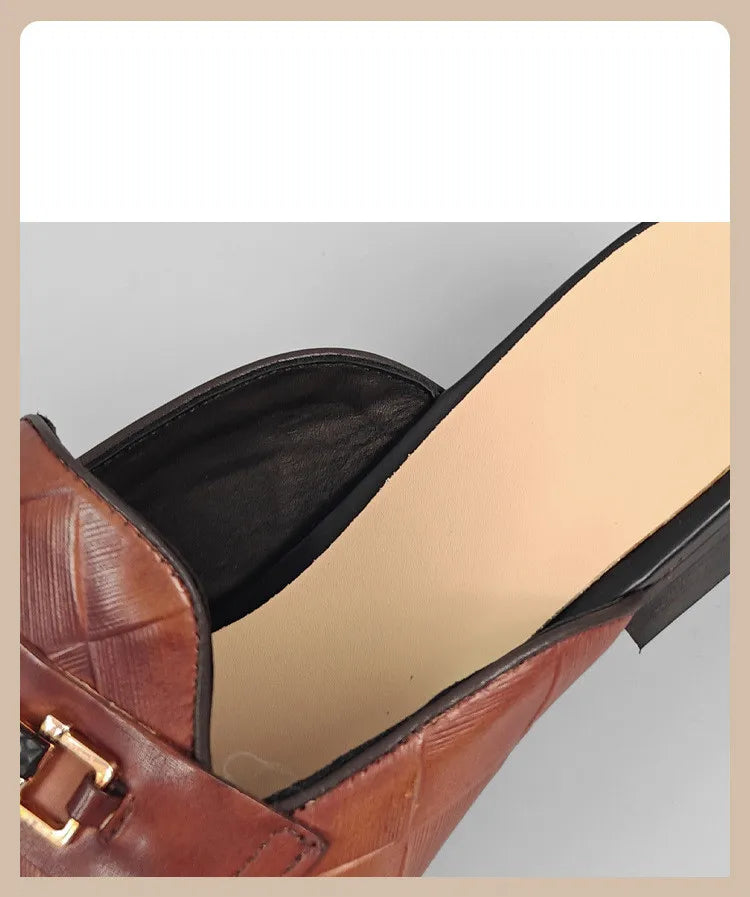 Mules plates pour hommes, pantoufles à enfiler en cuir de vache véritable, mocassins de luxe à motif Gerling, demi-chaussures fermées à bout pointu