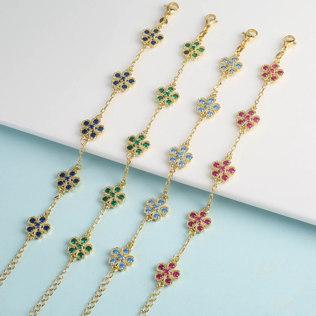 Cristal Zircon cinq feuilles fleur étamine fleur de prunier ensemble Bracelet collier boucle d'oreille mignon femmes 18K plaqué or bijoux trèfle