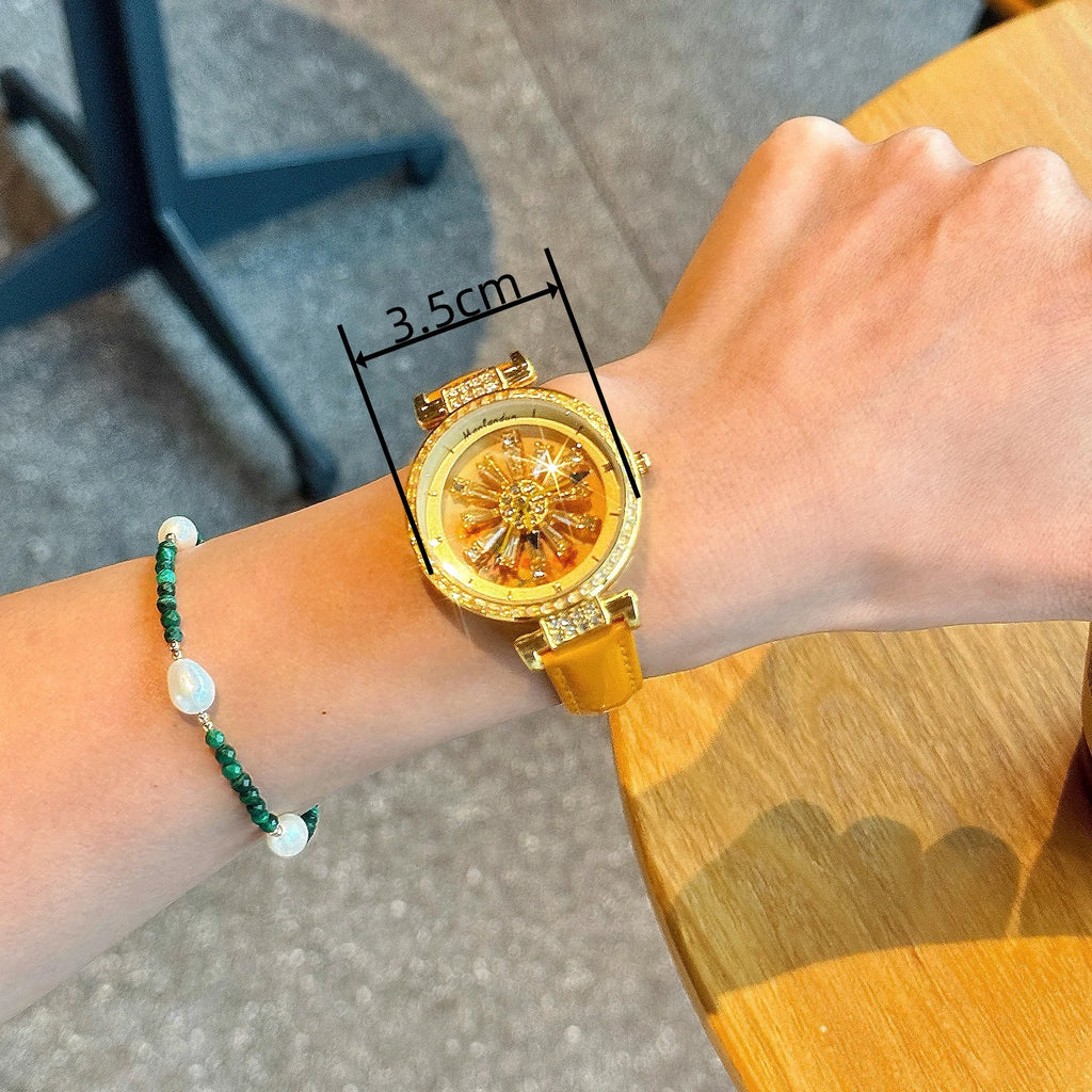 Montre élégante pour femmes, dos transparent, diamants incrustés, cadran galactique rotatif, Design Sunflower, boîtier en acier inoxydable, bracelet en cuir orange, montre à quartz étanche pour les rencontres des fem