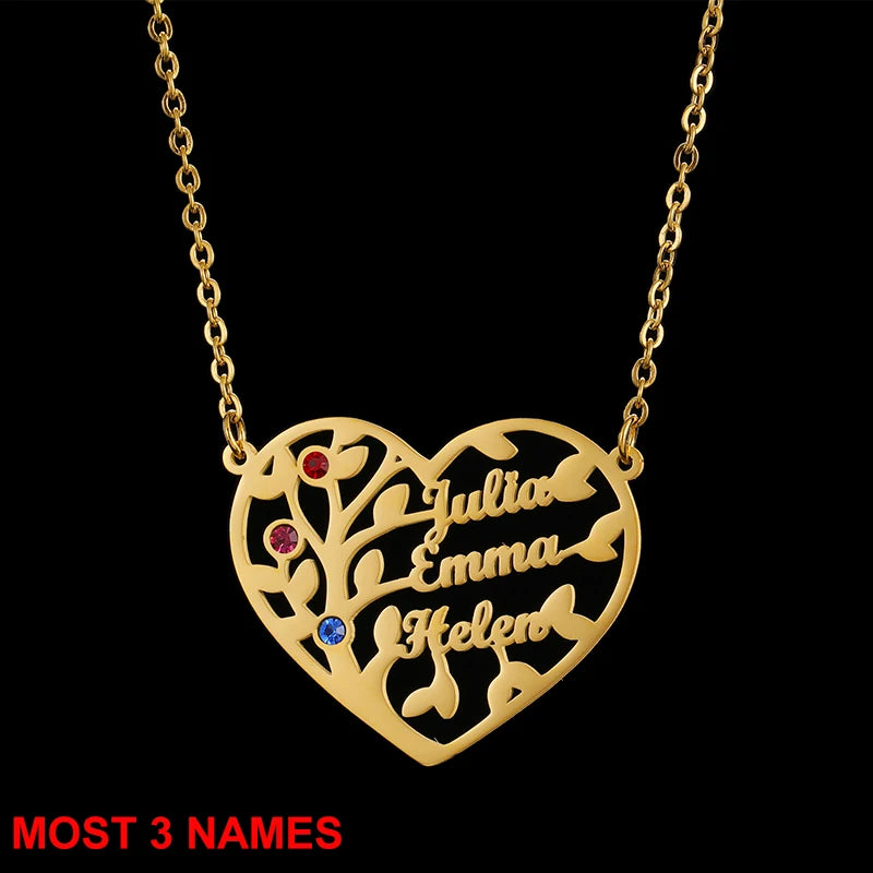 Collier personnalisé avec noms de famille, pendentif personnalisé en acier inoxydable avec chaîne cubaine de 3mm, pierre de naissance, cœur, câlin à la main, arbre de vie