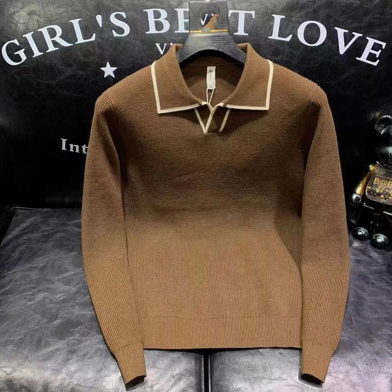 Pull pour  hommes tricot à manches longues solide haute qualité polo d'affaires coupe ajustée,hauts de qualité