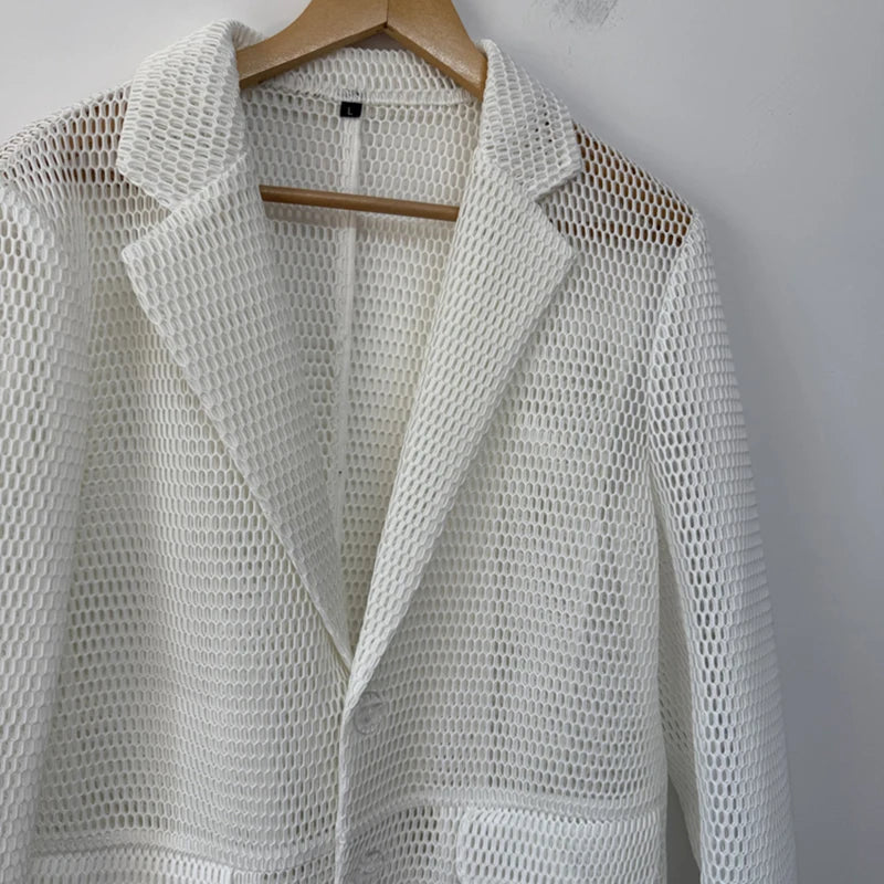 Veste  hommes décontractée costume en maille tridimensionnelle évider transparent à manches longues