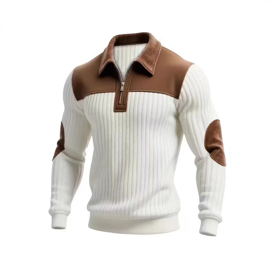 Pull à fermeture éclair pour hommes, bloc de couleurs, tricoté, décontracté, haute  manches longues, mode automne hiver, Style ajusté