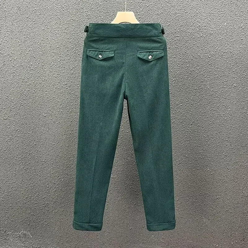 Pantalon de costume en velours côtelé taille haute, Style italien, revers, jambe droite, mode automne hiver,Design Naples Vintage