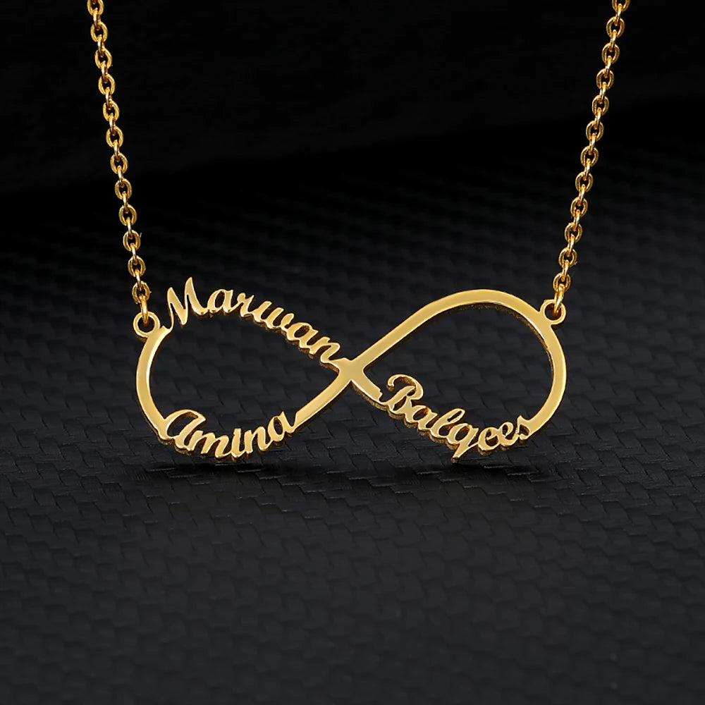 Colliers infini personnalisés à Double cœur et deux noms pour femmes, pendentif en acier inoxydable, bijoux personnalisés, cadeau
