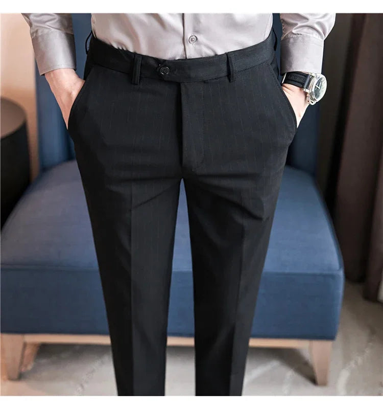 Pantalons décontractés à rayures noires pour hommes, trempés, vêtements de cérémonie pour hommes, robe de mariée, style britannique, affaires, boutique, qualité fjQuality