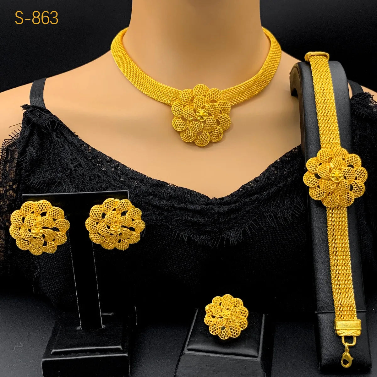 Ensemble de bijoux de mariage de luxe AU999 en or 24 carats avec fleurs! 4 pièces (bracelet + boucles d'oreilles + bague + collier) flatteur, signification de bénisse pour jeunes mariés
