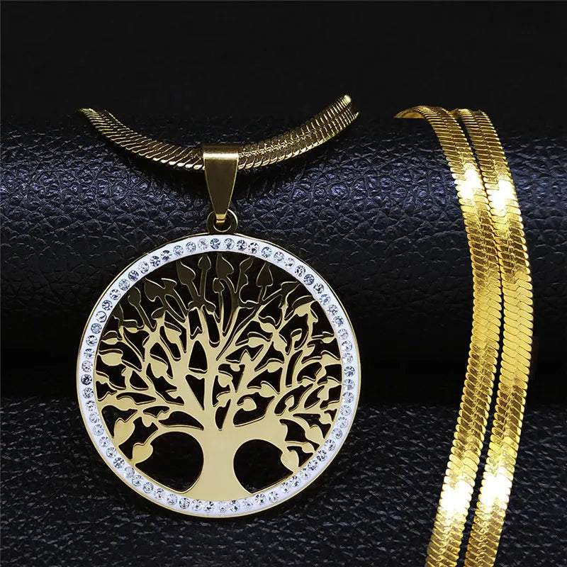 Collier ras du cou en acier inoxydable pour femme, bijoux en cristal, arbre de vie, document doré, colliers JOPresidence, N16S02