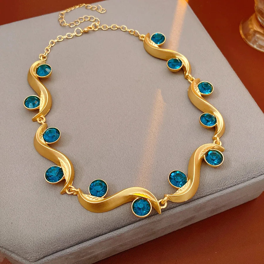 1/2 pièces Unique vague ronde longues boucles d'oreilles bleu strass chaîne réglable collier bohème femmes mode bijoux ensemble vacances N