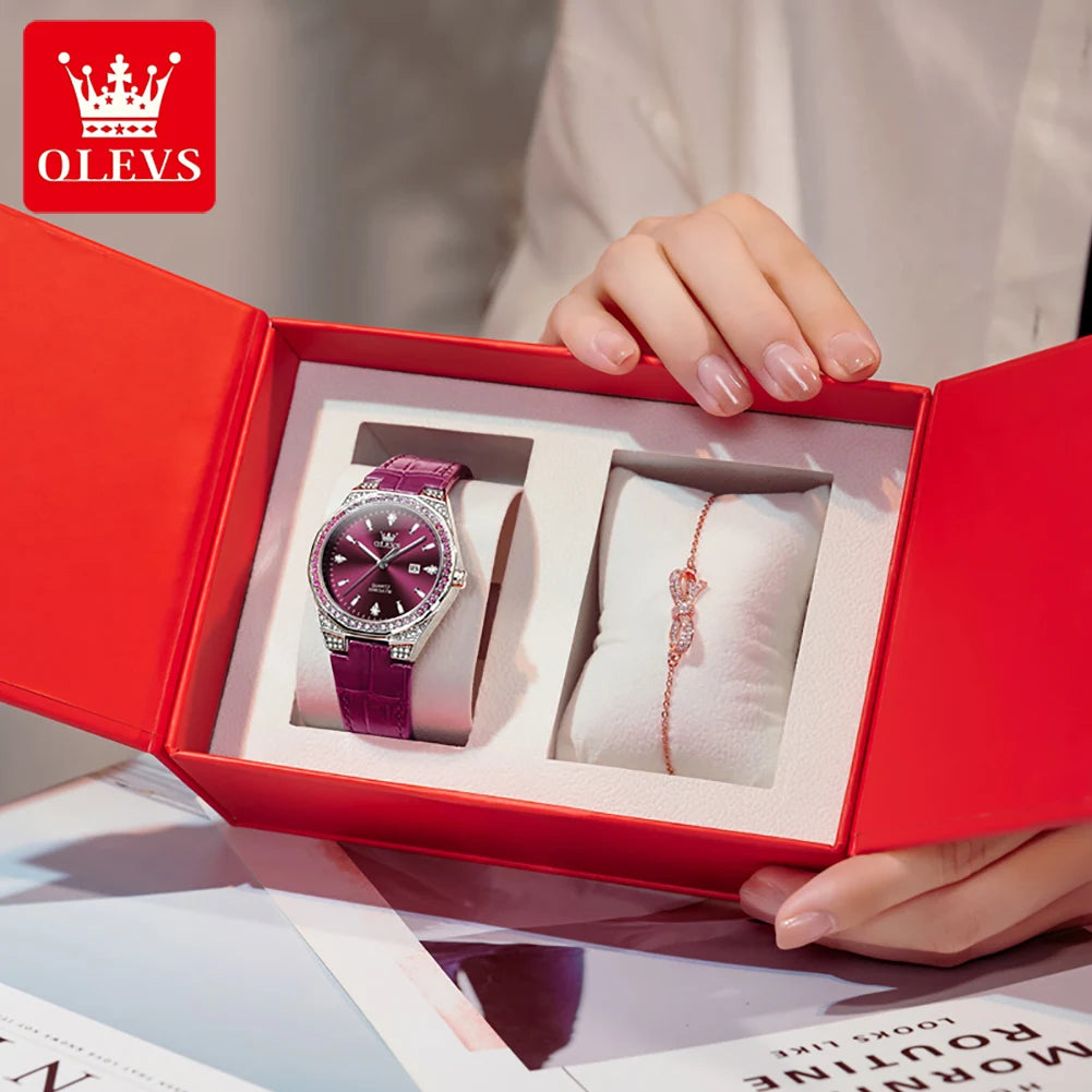 OLEVS Original femmes montres diamant tour mode bracelet en cuir 3m étanche lumineux dames montre-bracelet montre à Quartz pour les femmes