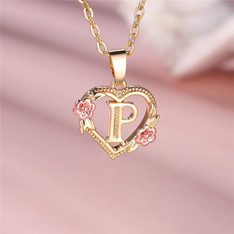 Collier pendentif fleur lettre A-Z pour femmes, couleur or jaune, bijoux de mariage, cadeau pour femmes