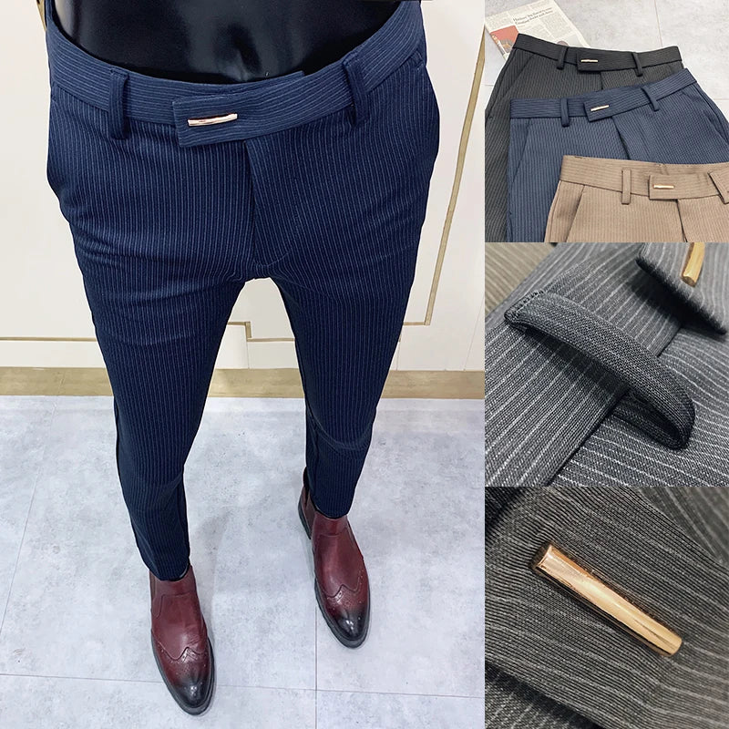 Mode rayé costume pantalon hommes coupe ajustée cheville serrée pantalon Social hommes bureau fête pantalon hommes affaires coupe ajustée robe pantalon