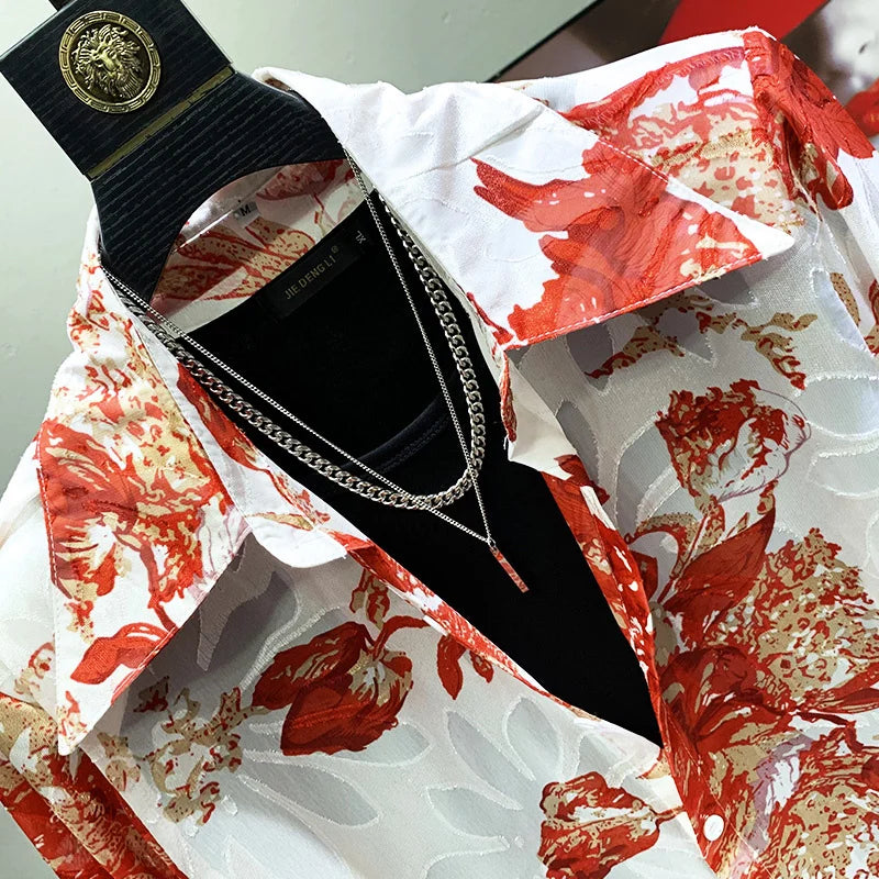 Autumn Men'S Temperament Light Luxury Thin Tops Breathable Jacquard Lapel Shoulder Pad Print Creativity Tide Shirts 21Z1993