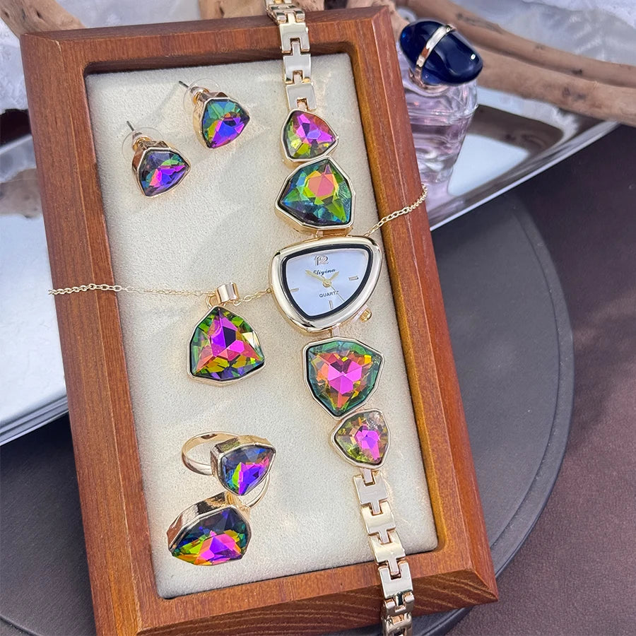 Ensemble de bijoux, cadeau quatre pièces  Montre à Quartz de luxe pour femmes, diamant coloré, forme irrégulière, collier, bague, boucles d'oreilles, , Trendsetter