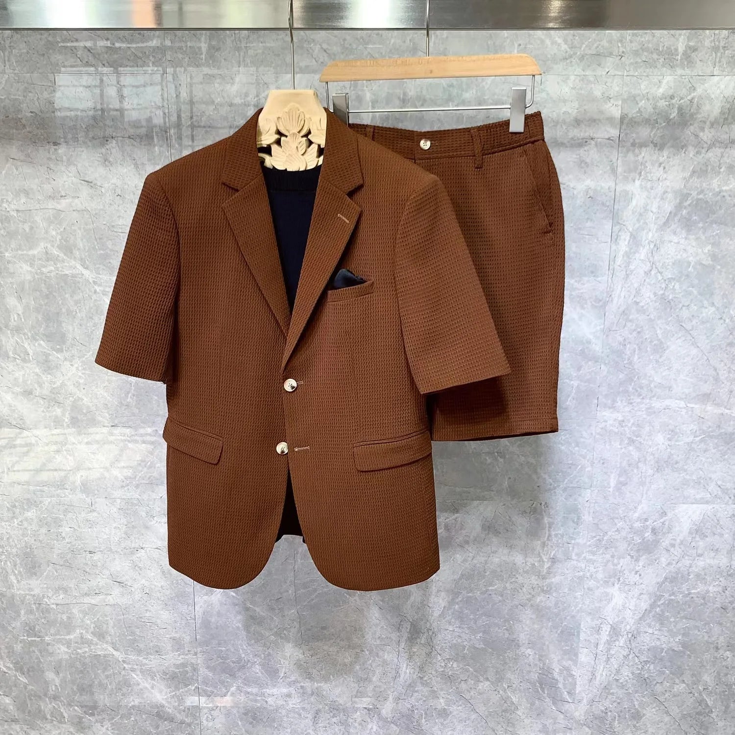 Costumes à manches courtes pour hommes, vestes et Shorts de Style coréen, tissu pied-de-poule Simple et solide, ensembles deux pièces confortables et ajustés