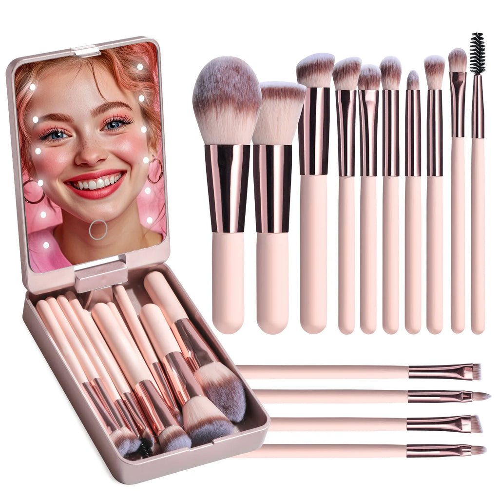 14 pièces ensemble de pinceaux de maquillage avec miroir éclairé Portable poignée courte lumière LED USB Kit de pinceaux de maquillage rechargeables