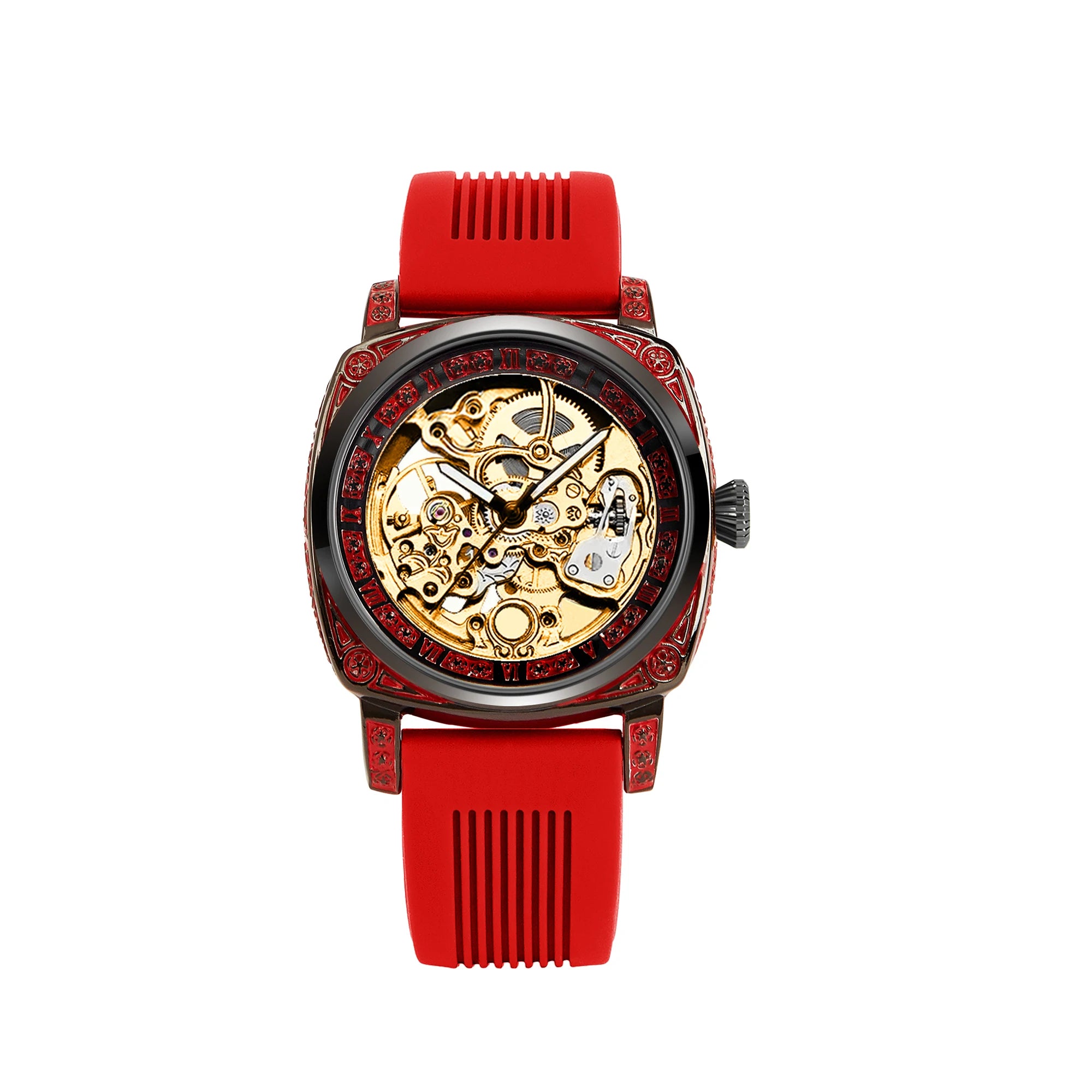 Montre mécanique entièrement automatique pour femme avec ruban rouge doré, style décontracté, veilleuse élégante, fleurs sculptées, neuve