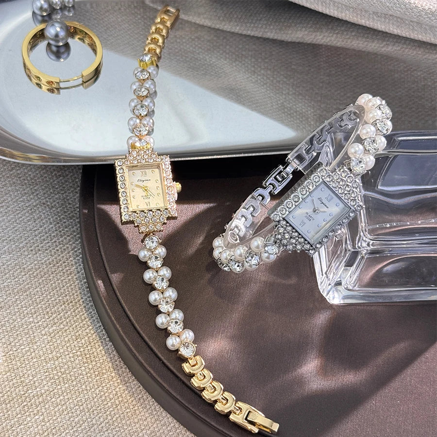 Montre  Double rangée exquis petite perle Bracelet montre carré incrusté de diamants lumière luxe dames montre à Quartz