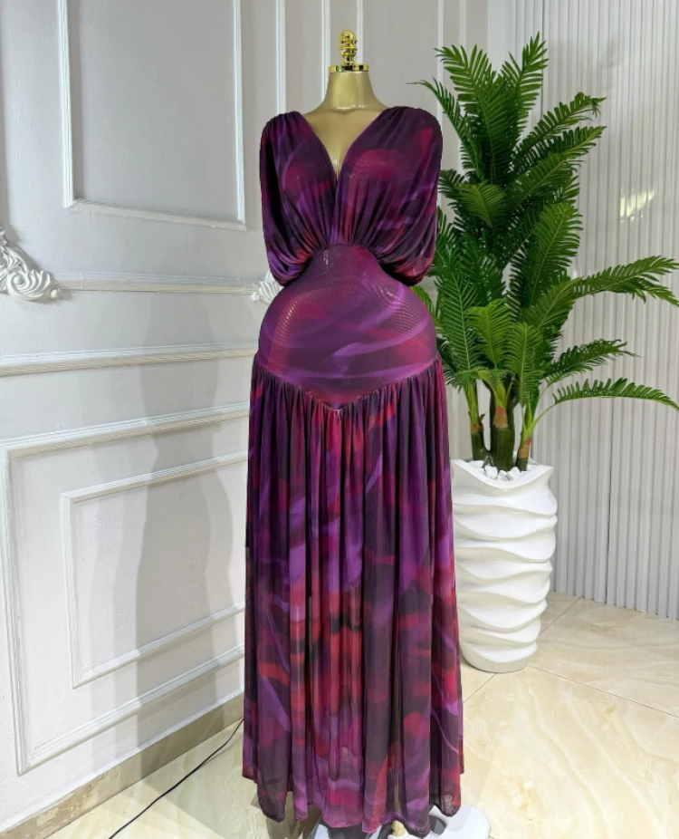 Robe pour  femmes colorant imprimé col en v à manches courtes robe longue automne de soirée vacances soirée Sexy